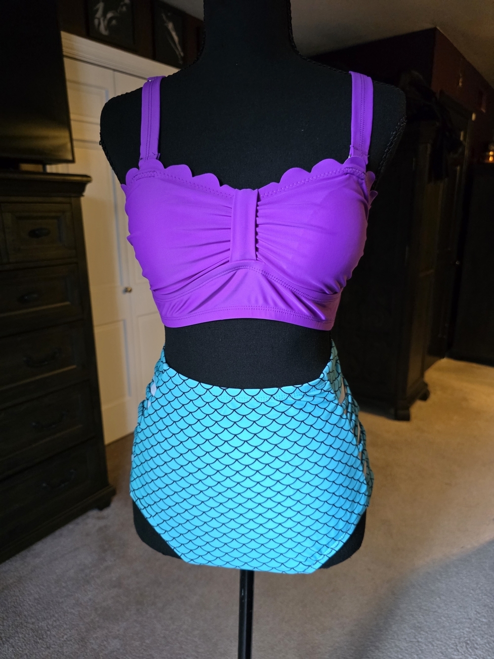 Purple Scallop-Edge Bikini Top with Aqua Mermaid High-Waist Bottoms